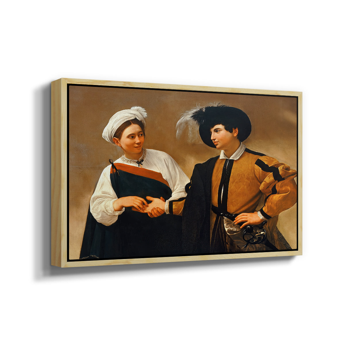 Angled view of The Fortune Teller (Capitoline Version), c. 1599 by Caravaggio in a natural wood floater framed canvas.