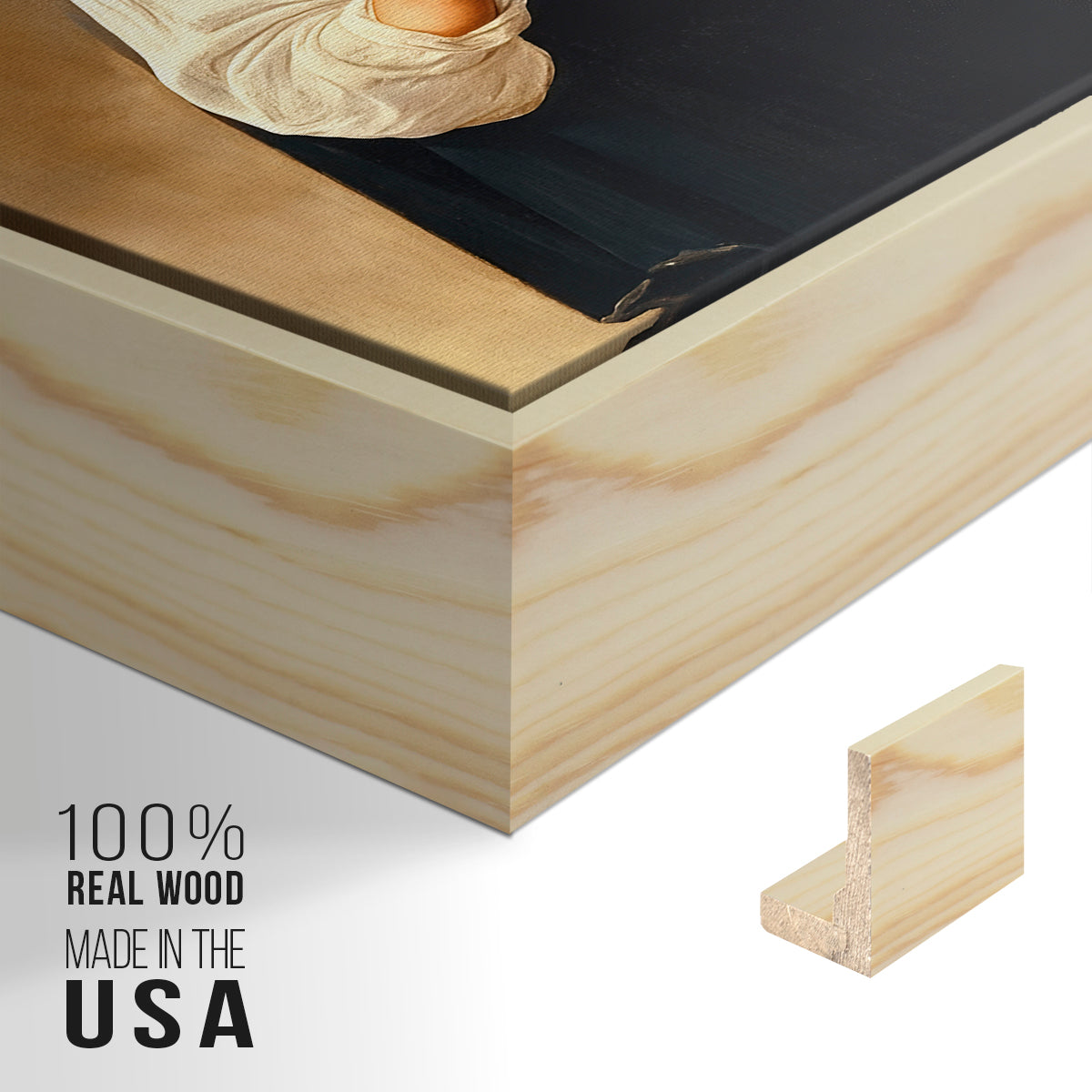 Close-up of the natural wood floater frame corner and gallery wrapped canvas construction.