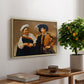 The Fortune Teller (Capitoline Version), c. 1599 by Caravaggio, presented in a natural wood floater framed canvas featuring a woman reading man's palm while discreetly removing his ring, displayed above a hallway console table.