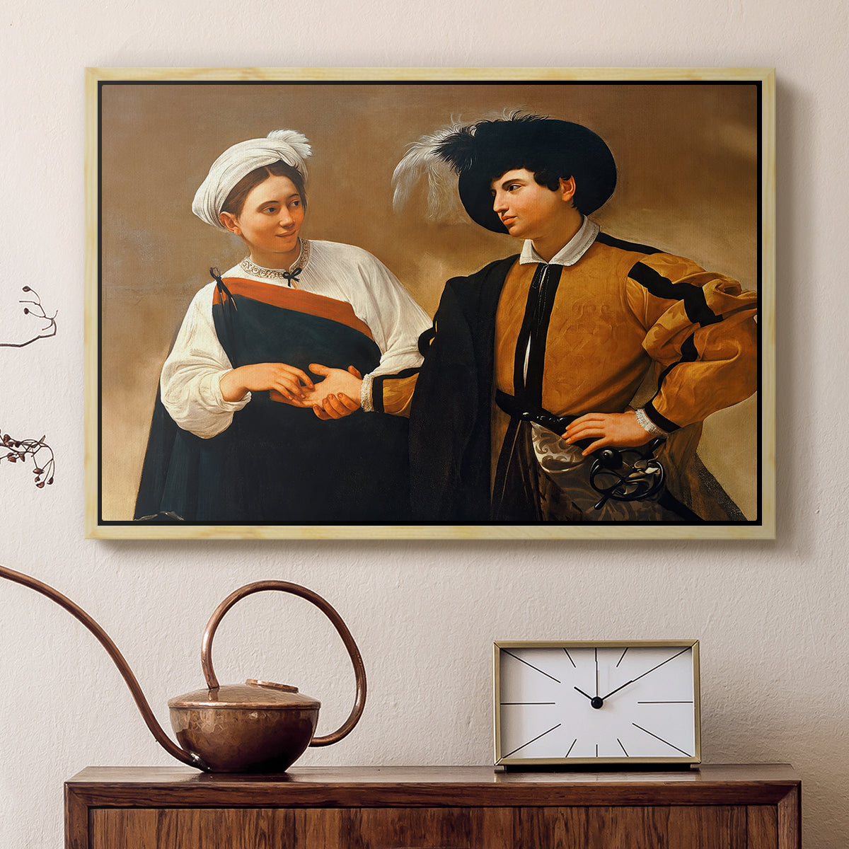 Natural wood floater framed canvas featuring a close interaction between two figures involving deception and gesture, displayed above a cabinet in a soft-toned living room.