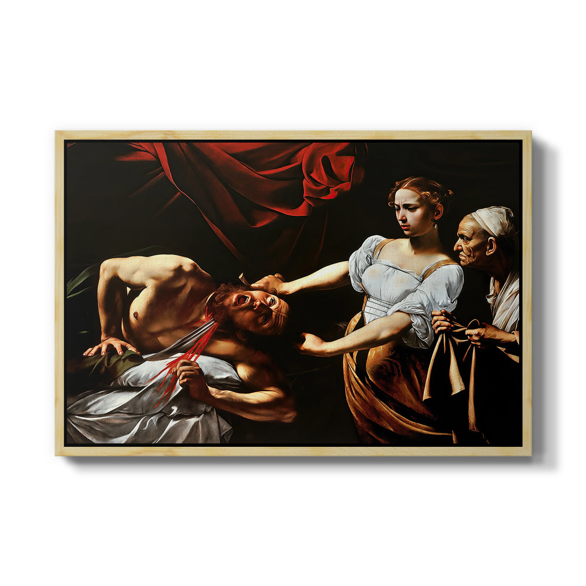 Judith Beheading Holofernes, c. 1599 by Caravaggio in a natural wood floater framed canvas wall art display.