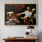 Natural wood floater framed canvas featuring Judith Beheading Holofernes, c. 1599 by Caravaggio above an entryway table in a minimalist foyer.