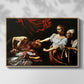 Front view of Judith Beheading Holofernes, c. 1599 by Caravaggio in a natural wood floater framed canvas.