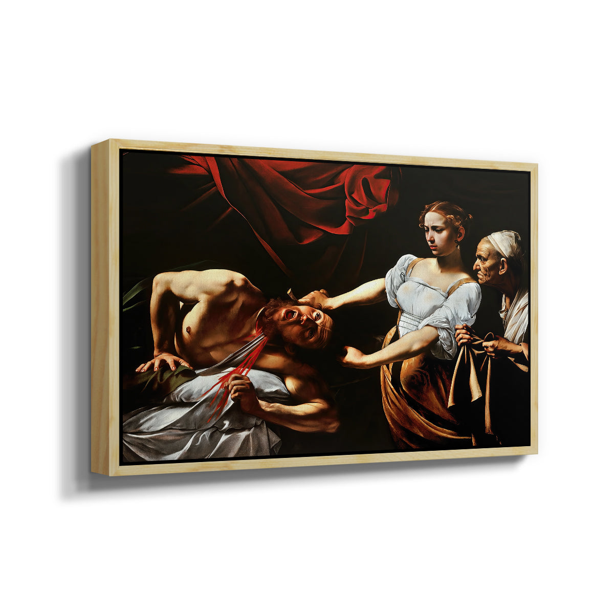 Angled view of Judith Beheading Holofernes, c. 1599 by Caravaggio in a natural wood floater framed canvas.