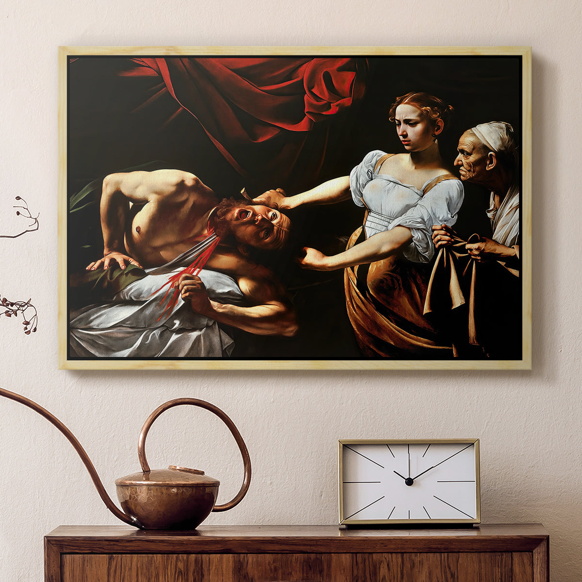Natural wood floater framed canvas featuring an intense moment of Judith slaying Holofernes with sword, displayed above a cabinet in a soft-toned living room.