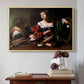 Natural wood floater framed canvas featuring Martha and Mary Magdalene, c. 1598 by Caravaggio above an entryway table in a minimalist foyer.