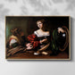 Front view of Martha and Mary Magdalene, c. 1598 by Caravaggio in a natural wood floater framed canvas.
