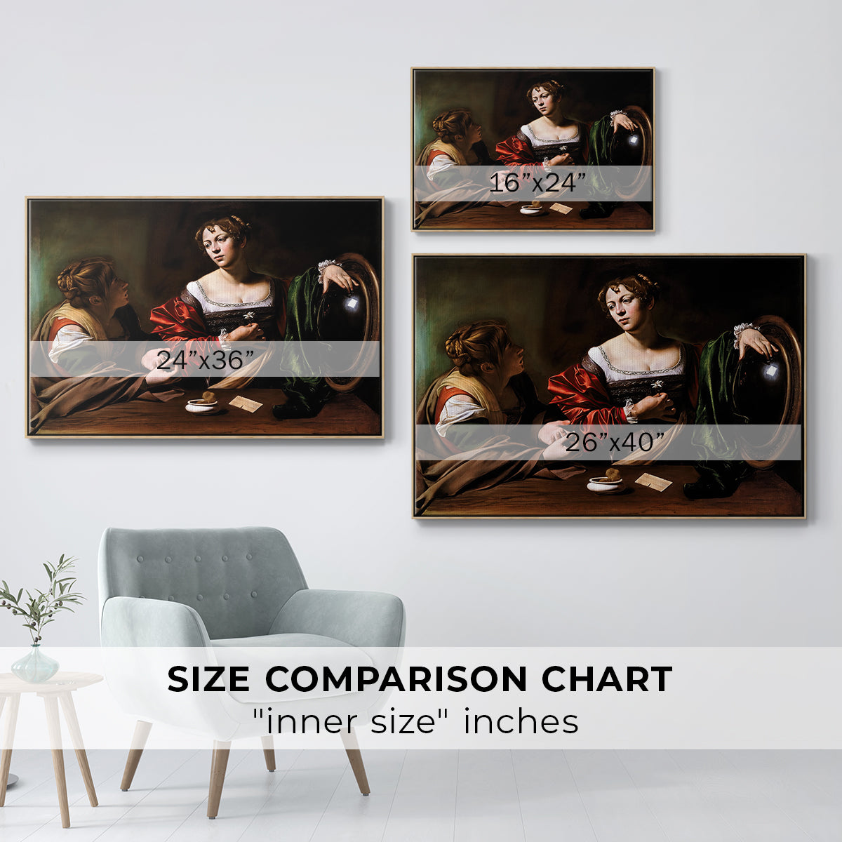 Size comparison chart for natural wood floater framed canvas featuring Martha and Mary Magdalene, c. 1598 by Caravaggio.