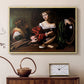 Natural wood floater framed canvas featuring an intimate interaction between two women with mirror and objects, displayed above a cabinet in a soft-toned living room.