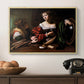 Martha and Mary Magdalene, c. 1598 by Caravaggio in a natural wood floater framed canvas displayed above a console table in a hallway, featuring a religious interior scene with figures engaged in thoughtful dialogue.