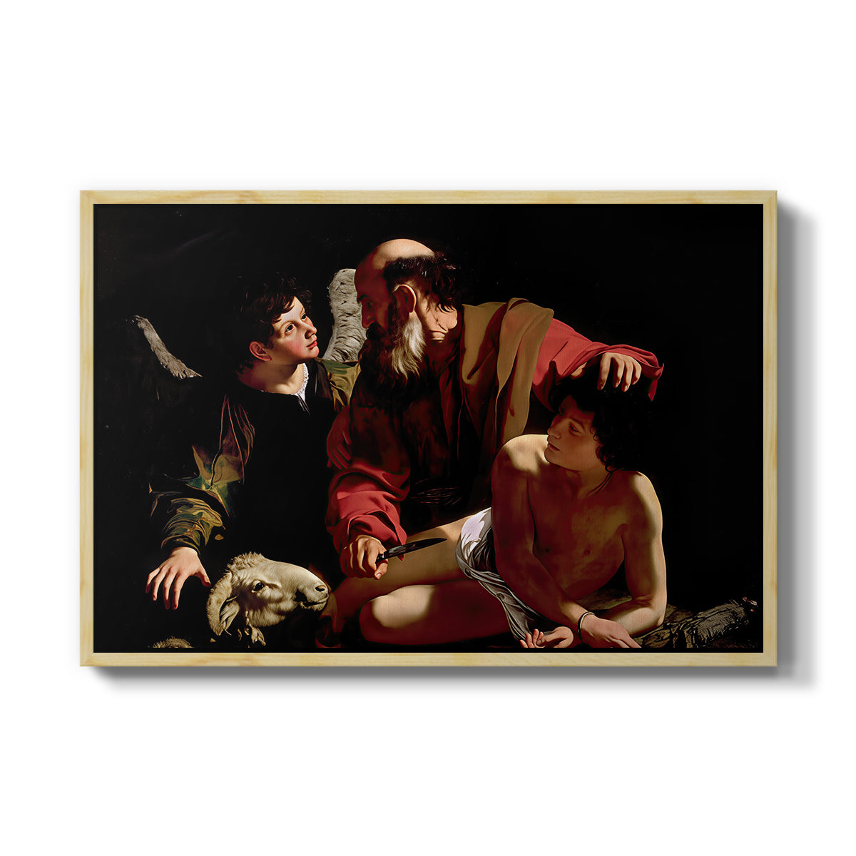 The Sacrifice of Isaac (Uffizi Version), c. 1603 by Caravaggio in a natural wood floater framed canvas wall art display.