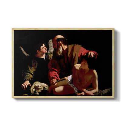 The Sacrifice of Isaac (Uffizi Version), c. 1603 by Caravaggio in a natural wood floater framed canvas wall art display.