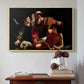 Natural wood floater framed canvas featuring The Sacrifice of Isaac (Uffizi Version), c. 1603 by Caravaggio above an entryway table in a minimalist foyer.