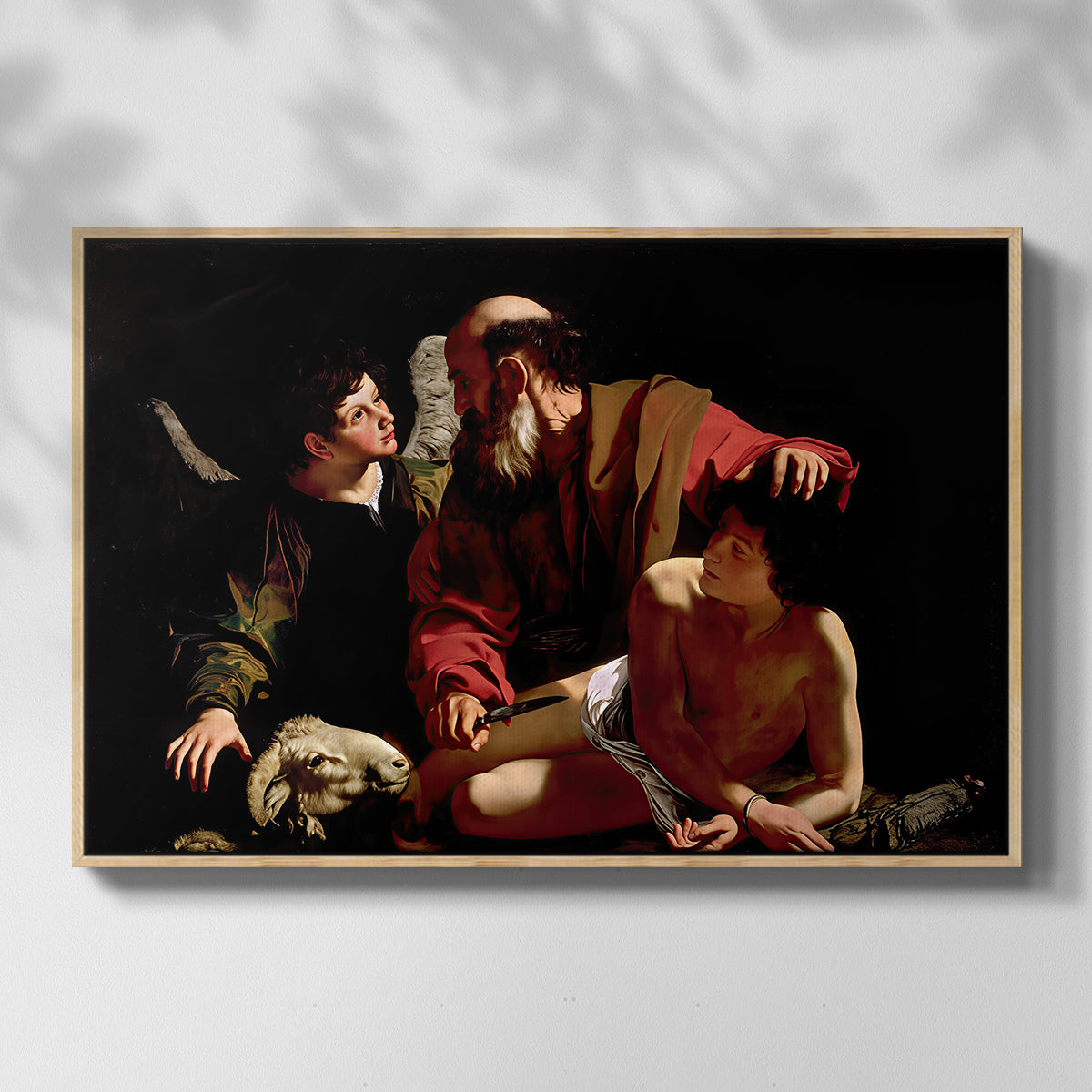Front view of The Sacrifice of Isaac (Uffizi Version), c. 1603 by Caravaggio in a natural wood floater framed canvas.