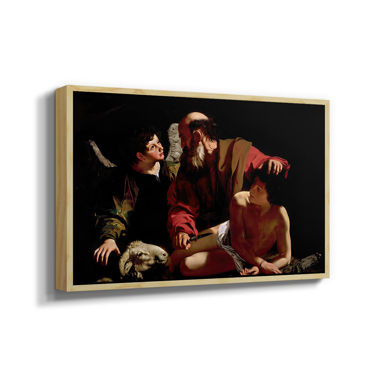 Angled view of The Sacrifice of Isaac (Uffizi Version), c. 1603 by Caravaggio in a natural wood floater framed canvas.