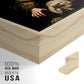 Close-up of the natural wood floater frame corner and gallery wrapped canvas construction.