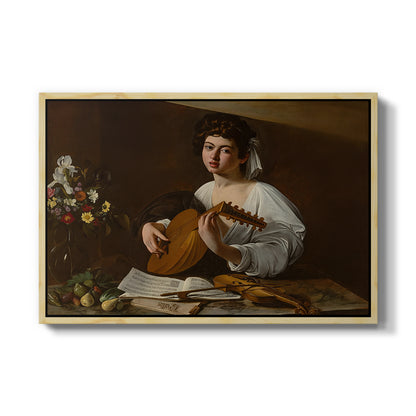 The Lute Player (Hermitage Version), c. 1596 by Caravaggio in a natural wood floater framed canvas wall art display.