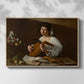 Front view of The Lute Player (Hermitage Version), c. 1596 by Caravaggio in a natural wood floater framed canvas.