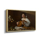 Angled view of The Lute Player (Hermitage Version), c. 1596 by Caravaggio in a natural wood floater framed canvas.