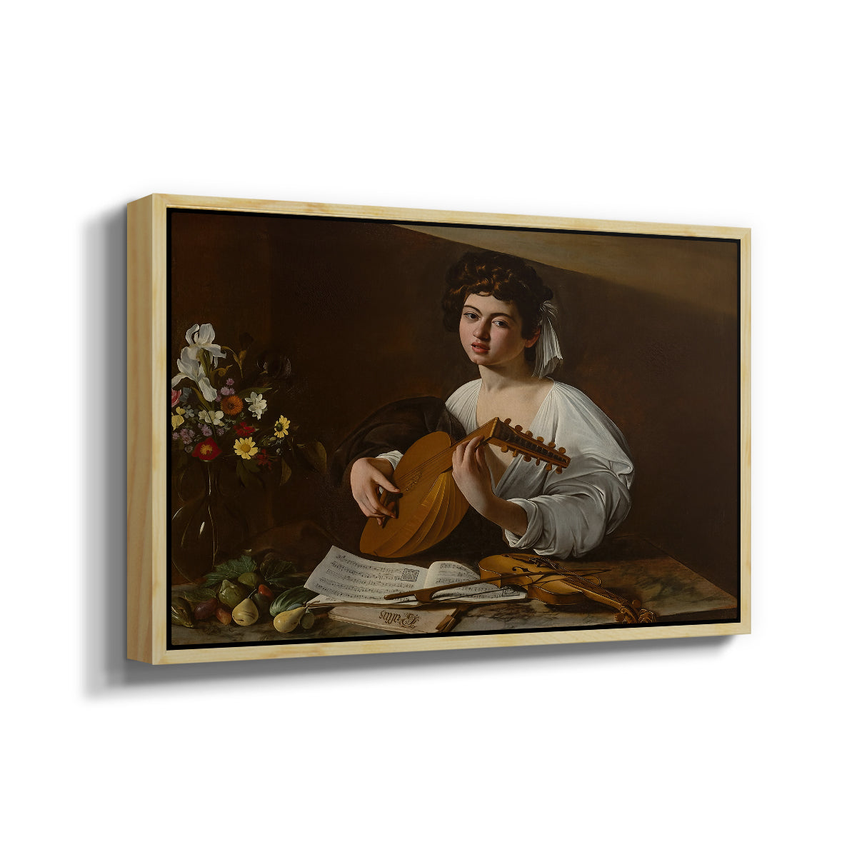 Angled view of The Lute Player (Hermitage Version), c. 1596 by Caravaggio in a natural wood floater framed canvas.