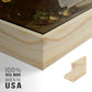 Close-up of the natural wood floater frame corner and gallery wrapped canvas construction.
