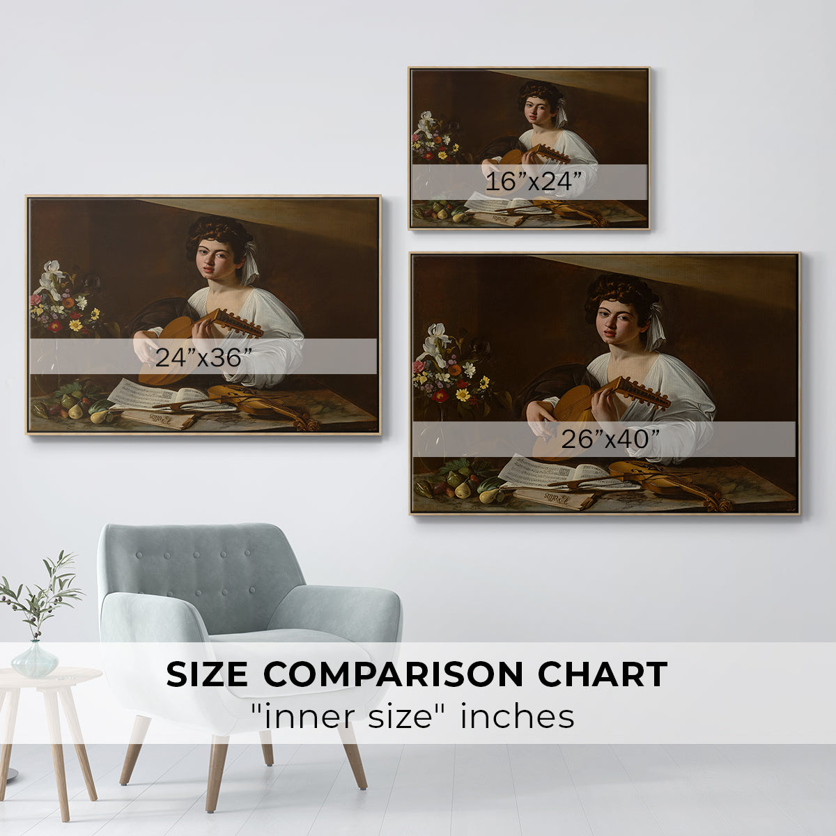 Size comparison chart for natural wood floater framed canvas featuring The Lute Player (Hermitage Version), c. 1596 by Caravaggio.