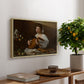 The Lute Player (Hermitage Version), c. 1596 by Caravaggio, presented in a natural wood floater framed canvas featuring a young musician playing lute beside table with fruit and sheet music, displayed above a hallway console table.