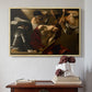 Natural wood floater framed canvas featuring The Crowning with Thorns (Vienna Version), c. 1602-1604 by Caravaggio above an entryway table in a minimalist foyer.