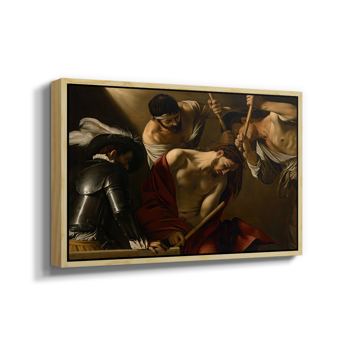 Angled view of The Crowning with Thorns (Vienna Version), c. 1602-1604 by Caravaggio in a natural wood floater framed canvas.