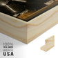 Close-up of the natural wood floater frame corner and gallery wrapped canvas construction.