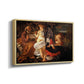 Angled view of Rest on the Flight into Egypt, c. 1597 by Caravaggio in a natural wood floater framed canvas.