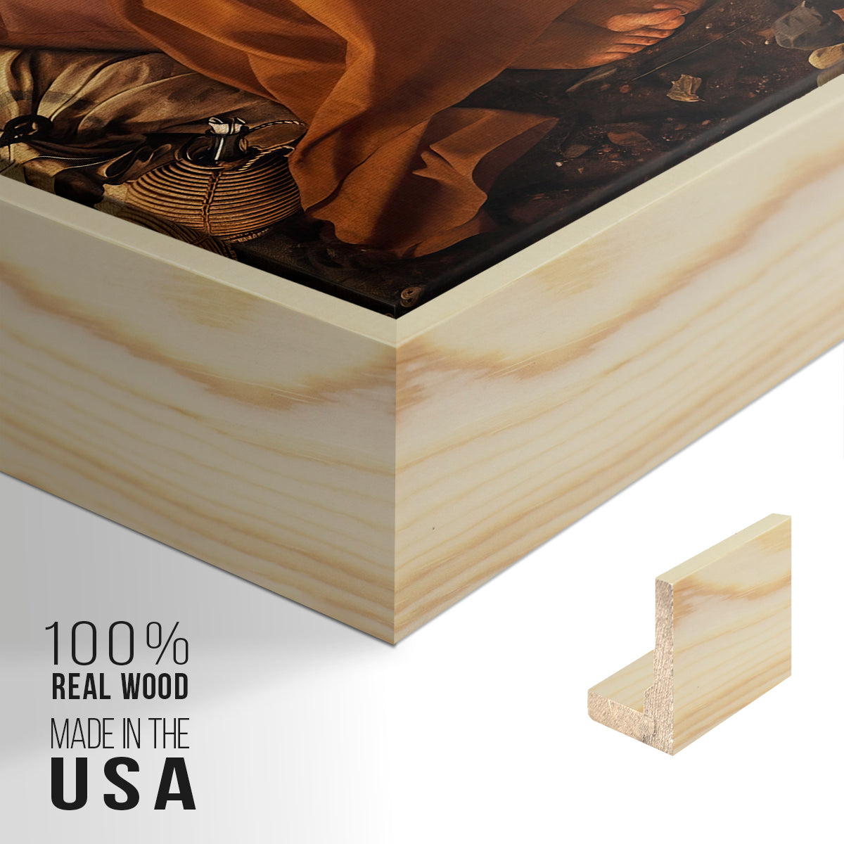 Close-up of the natural wood floater frame corner and gallery wrapped canvas construction.