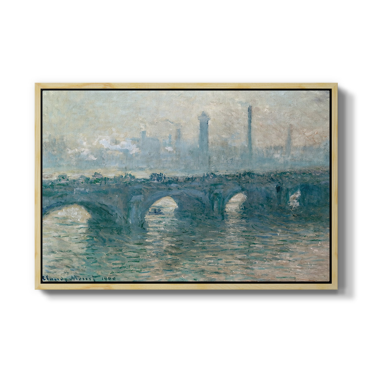 Waterloo Bridge, Gray Weather, 1900 by Claude Monet in a natural wood floater framed canvas wall art display.
