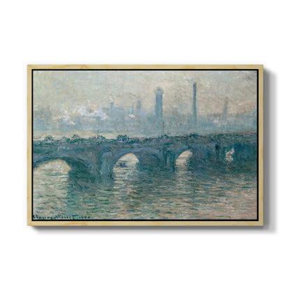 Waterloo Bridge, Gray Weather, 1900 by Claude Monet in a natural wood floater framed canvas wall art display.