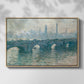 Front view of Waterloo Bridge, Gray Weather, 1900 by Claude Monet in a natural wood floater framed canvas.