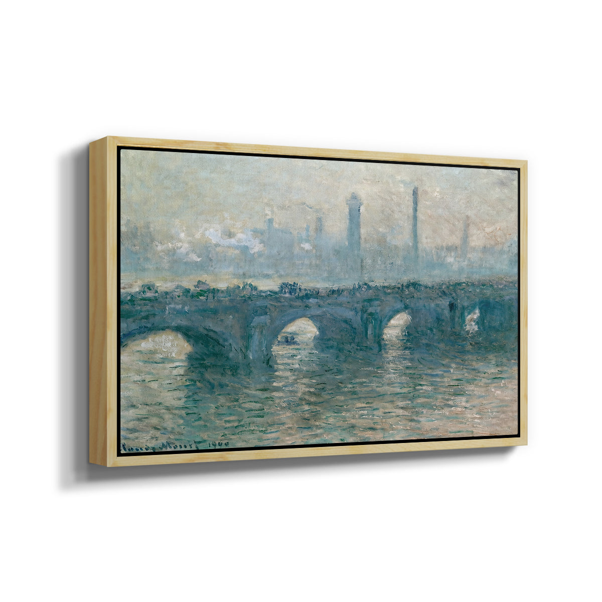 Angled view of Waterloo Bridge, Gray Weather, 1900 by Claude Monet in a natural wood floater framed canvas.