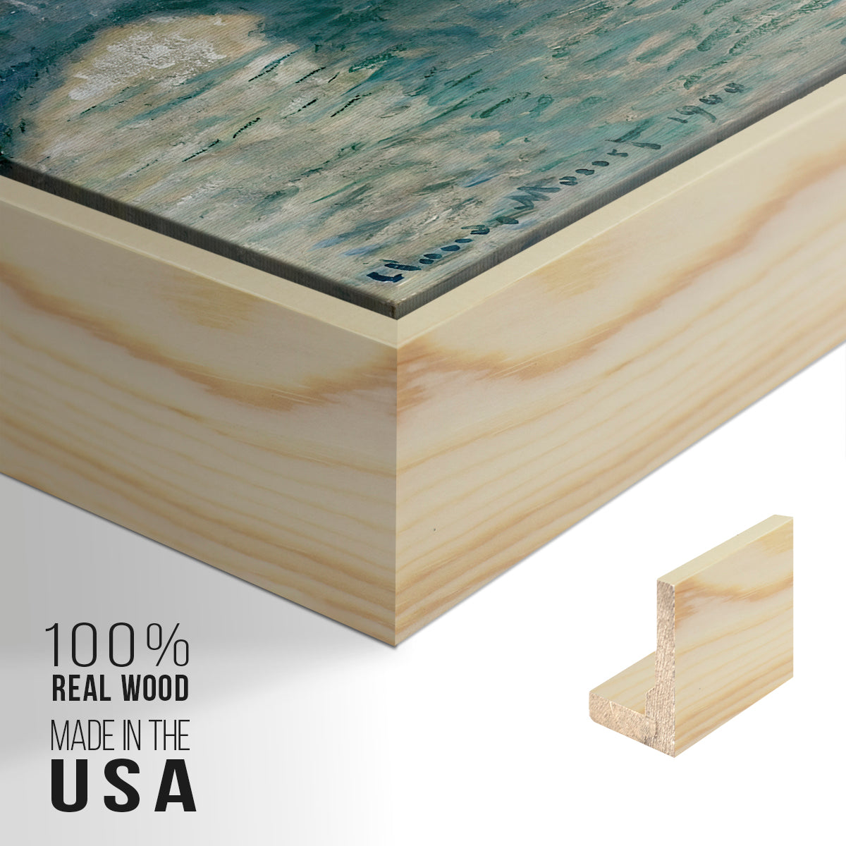 Close-up of the natural wood floater frame corner and gallery wrapped canvas construction.