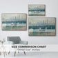 Size comparison chart for natural wood floater framed canvas featuring Waterloo Bridge, Gray Weather, 1900 by Claude Monet.