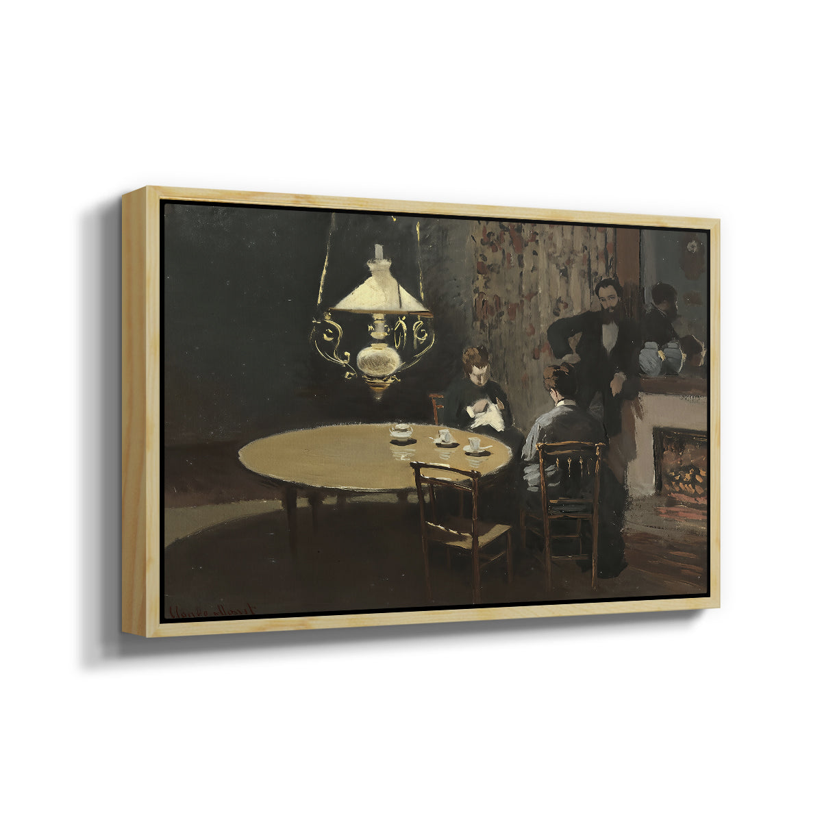 Angled view of Interior, after Dinner, 1868-1869 by Claude Monet in a natural wood floater framed canvas.