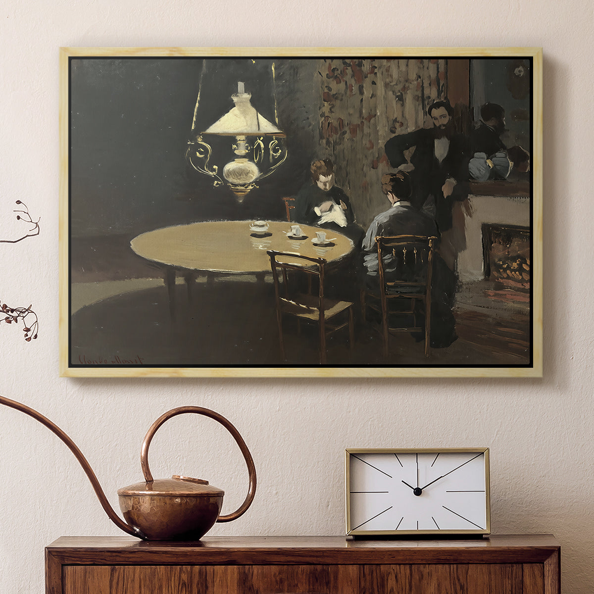 Natural wood floater framed canvas featuring an impressionist interior showing aftermath of dinner with soft light, displayed above a cabinet in a soft-toned living room.