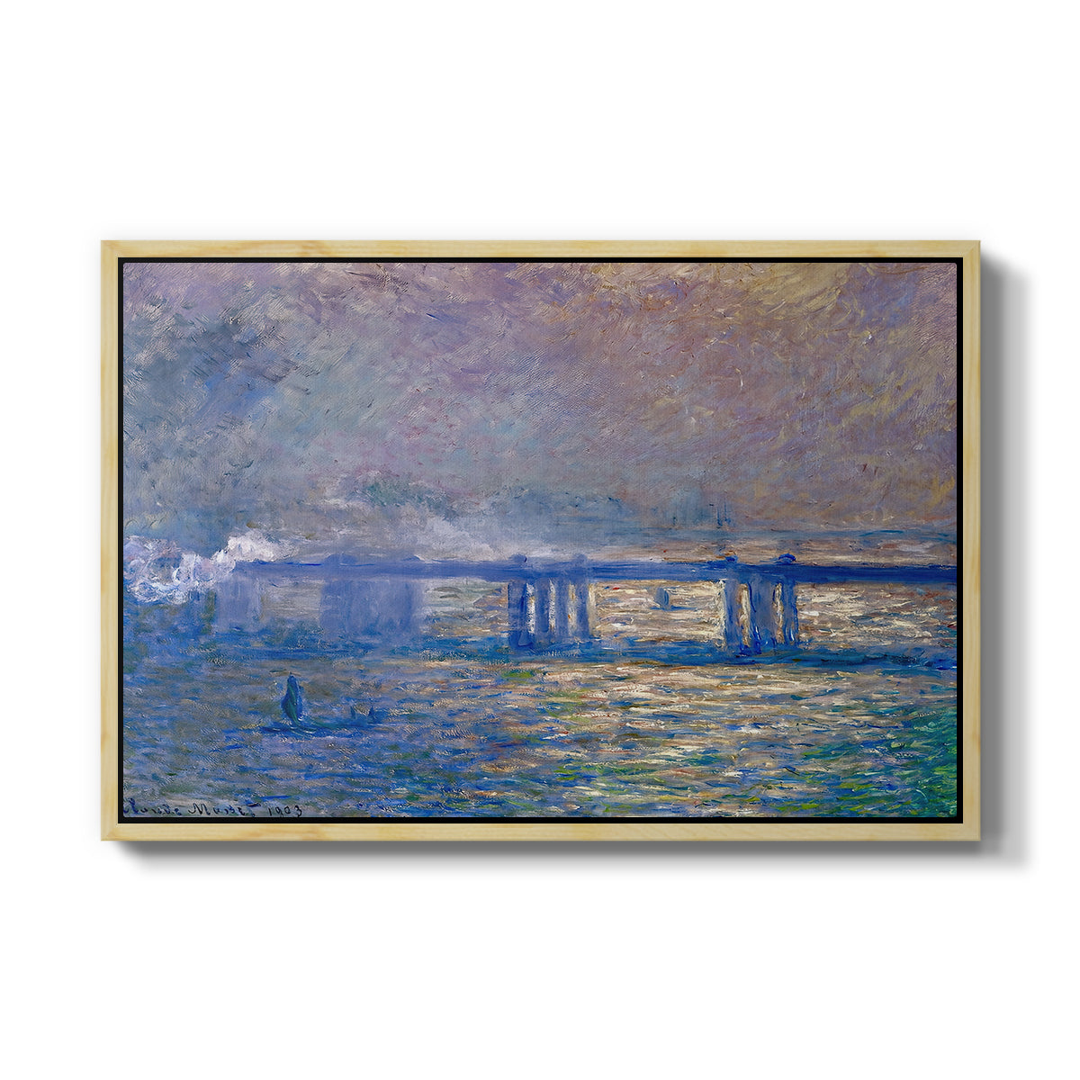 Charing Cross Bridge, 1903 by Claude Monet in a natural wood floater framed canvas wall art display.