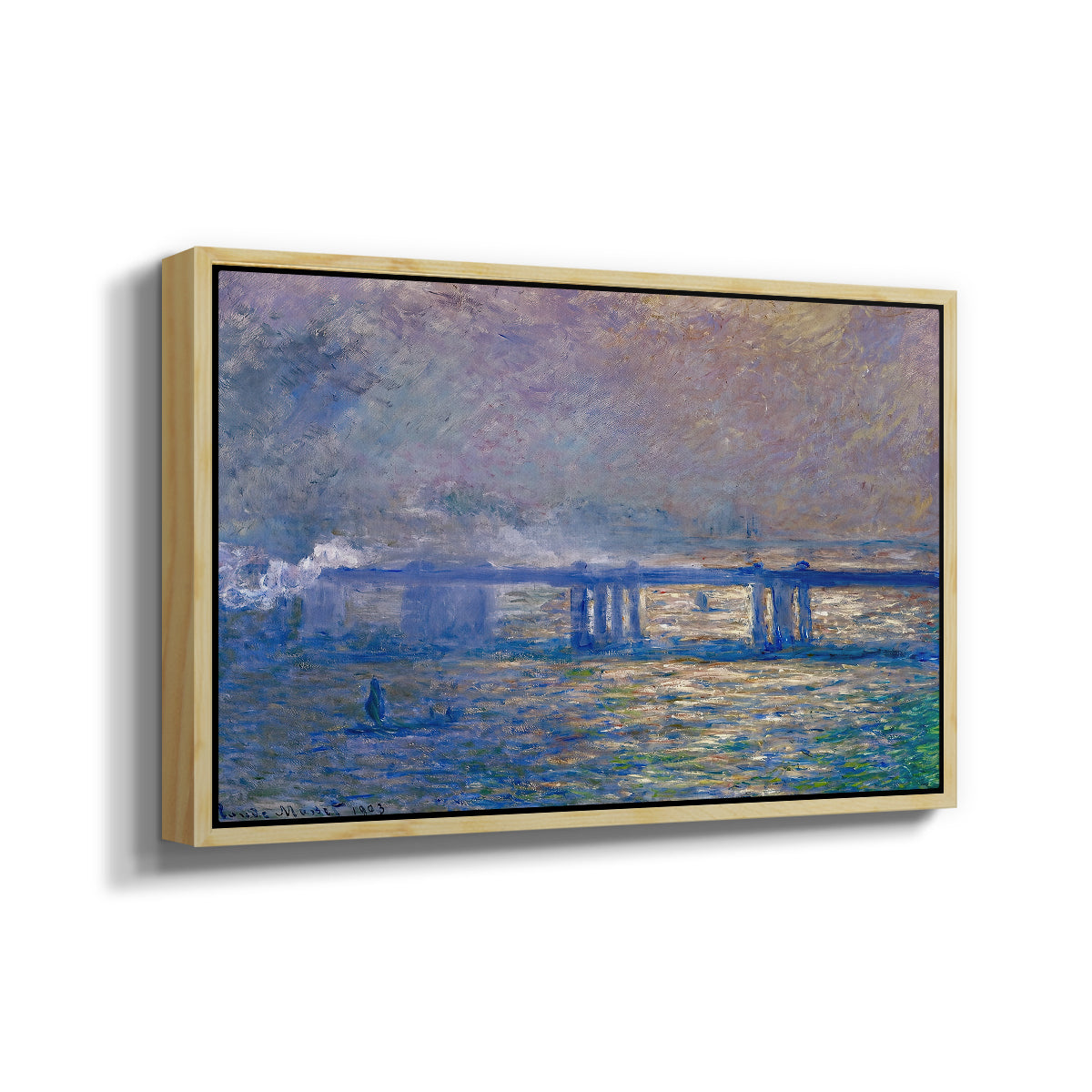 Angled view of Charing Cross Bridge, 1903 by Claude Monet in a natural wood floater framed canvas.