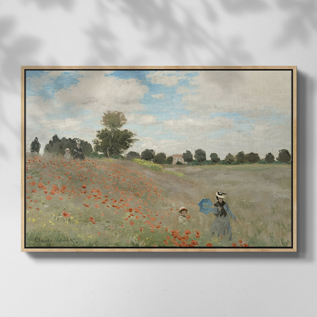 Front view of The Poppy Field near Argenteuil, 1873 by Claude Monet in a natural wood floater framed canvas.