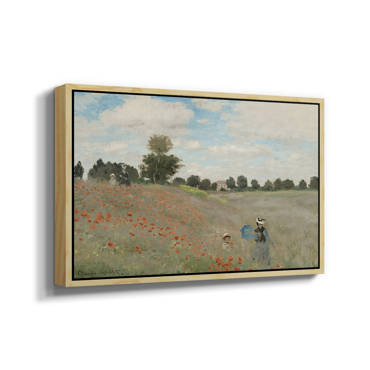 Angled view of The Poppy Field near Argenteuil, 1873 by Claude Monet in a natural wood floater framed canvas.