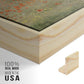 Close-up of the natural wood floater frame corner and gallery wrapped canvas construction.