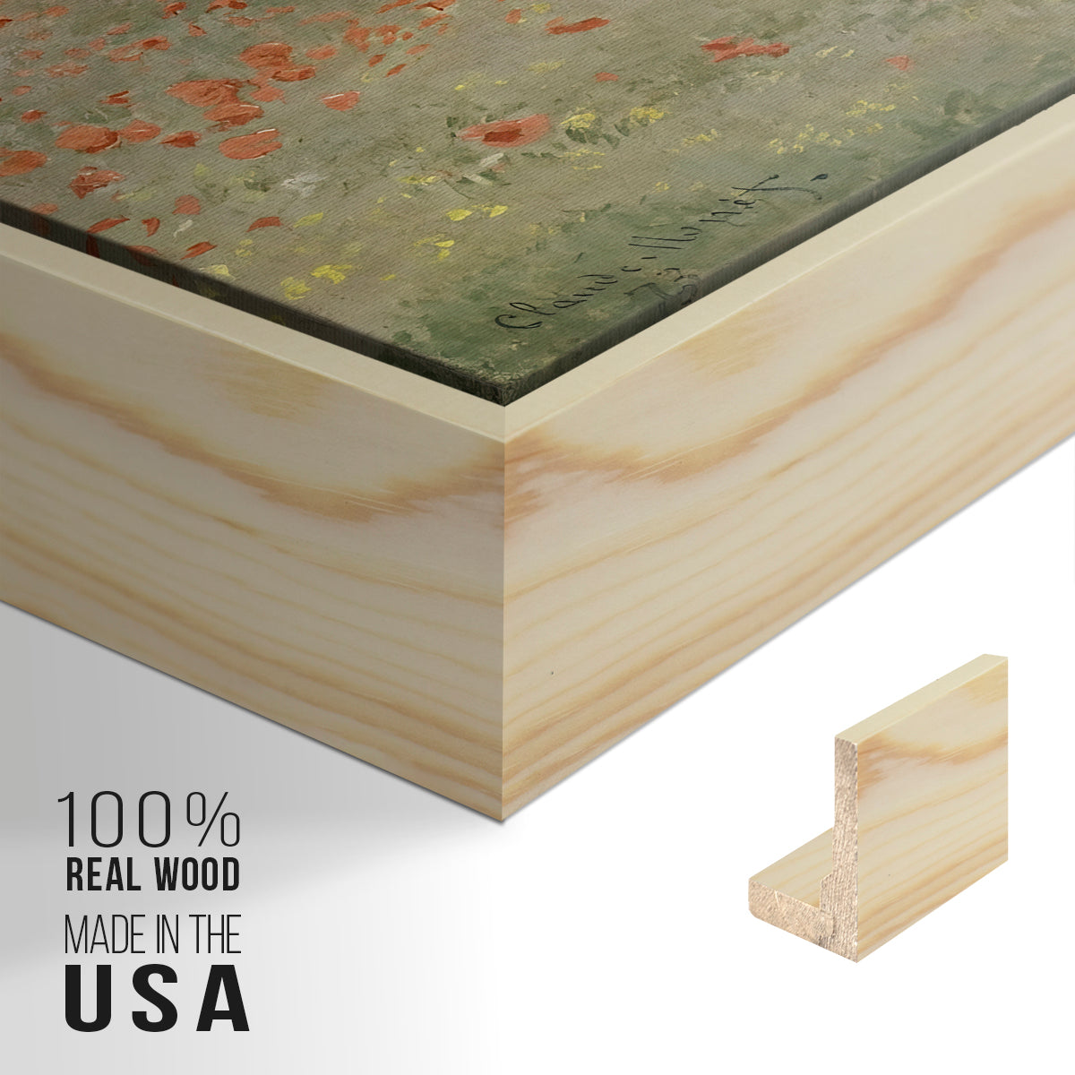 Close-up of the natural wood floater frame corner and gallery wrapped canvas construction.
