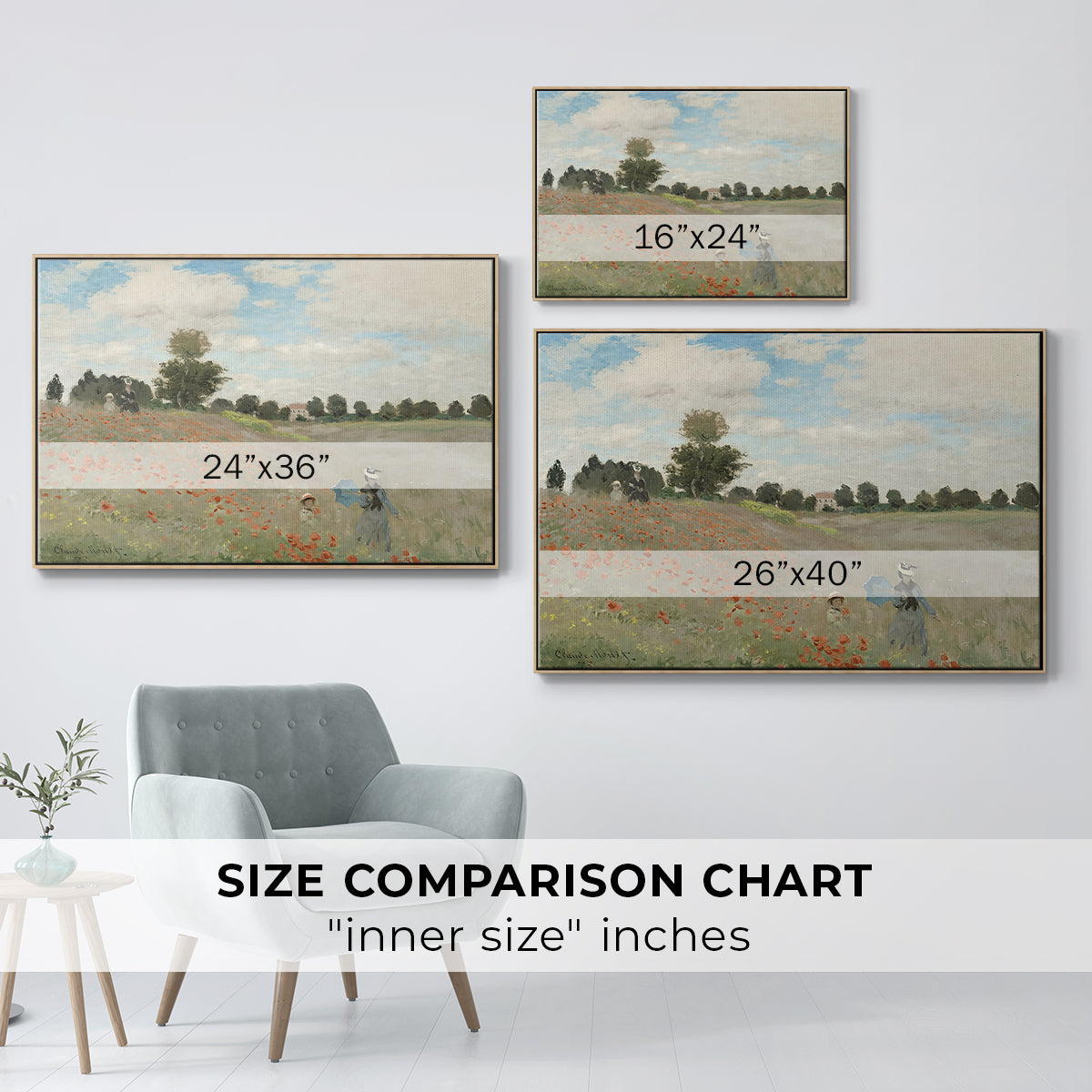 Size comparison chart for natural wood floater framed canvas featuring The Poppy Field near Argenteuil, 1873 by Claude Monet.