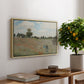 The Poppy Field near Argenteuil, 1873 by Claude Monet, presented in a natural wood floater framed canvas featuring a field of red poppies with figures walking across rolling landscape, displayed above a hallway console table.