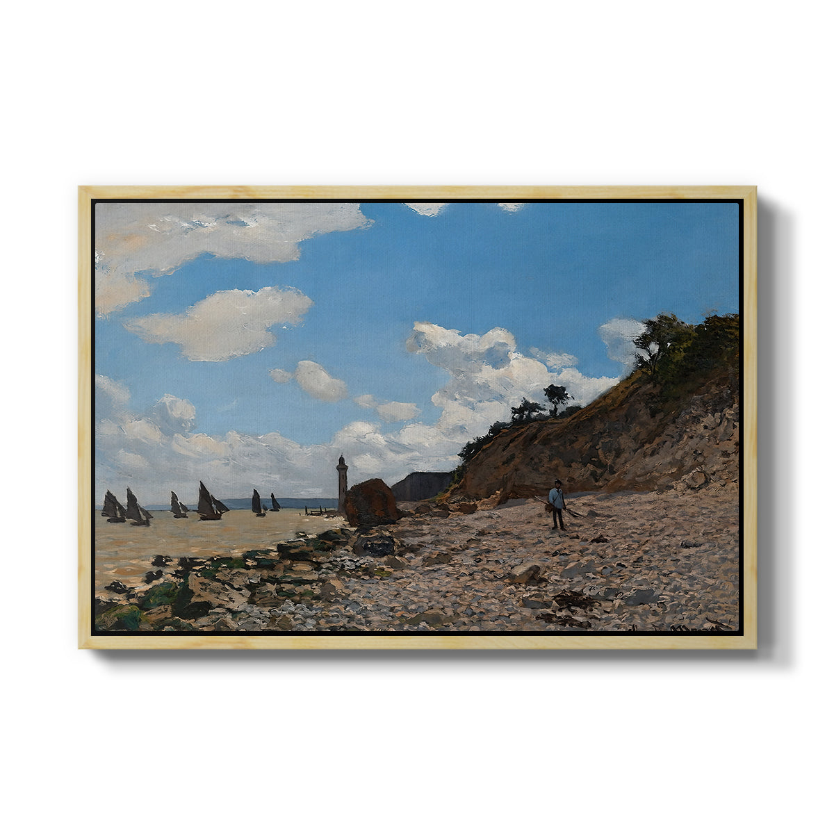 The Beach at Honfleur, 1864 by Claude Monet in a natural wood floater framed canvas wall art display.