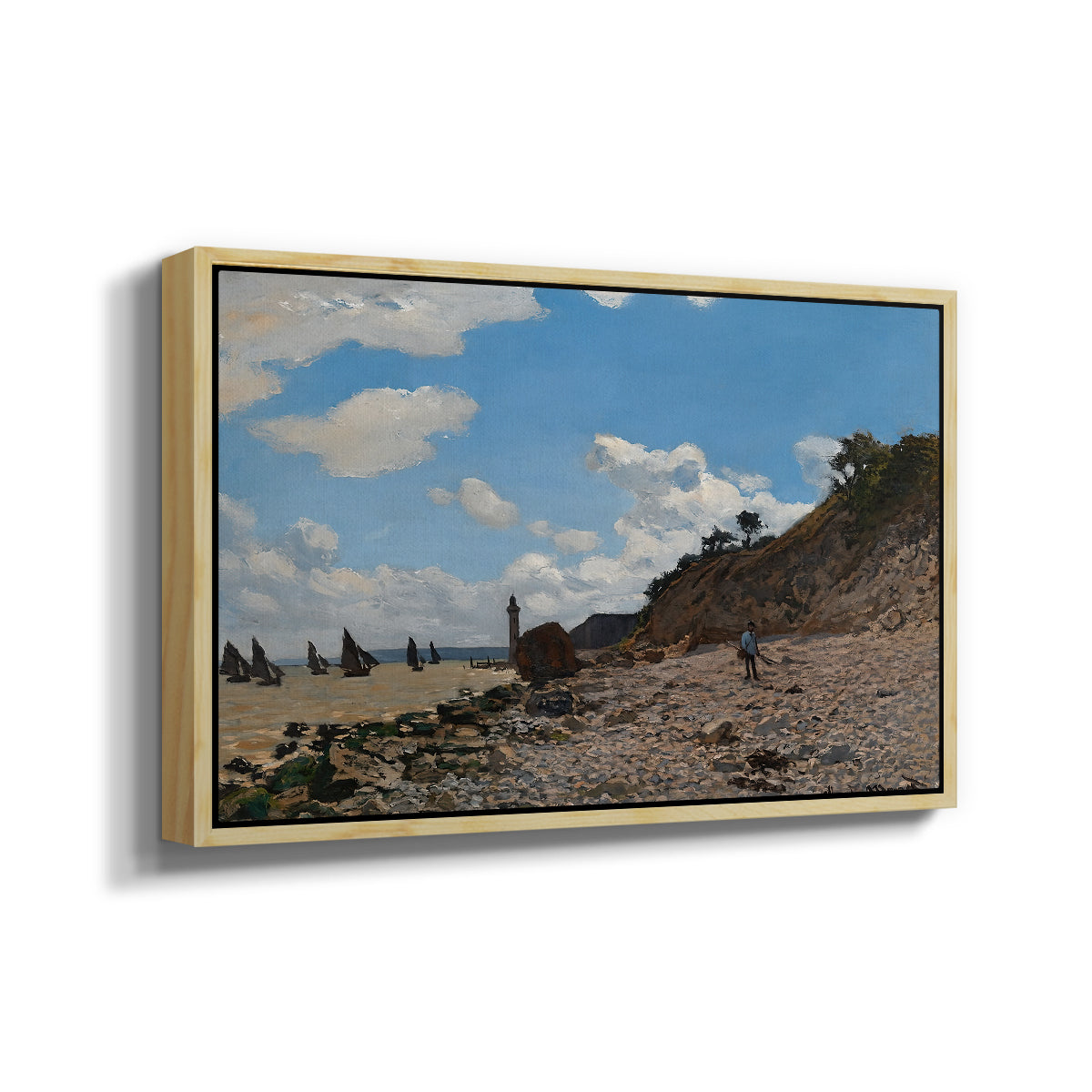 Angled view of The Beach at Honfleur, 1864 by Claude Monet in a natural wood floater framed canvas.
